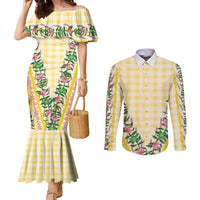 Hawaii Pikake Lokelani Plumeria Lei Couples Matching Mermaid Dress and Long Sleeve Button Shirt Yellow Palaka Motifs LT05 Yellow - Polynesian Pride
