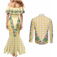 Hawaii Pikake Lokelani Plumeria Lei Couples Matching Mermaid Dress and Long Sleeve Button Shirt Yellow Palaka Motifs LT05 - Polynesian Pride