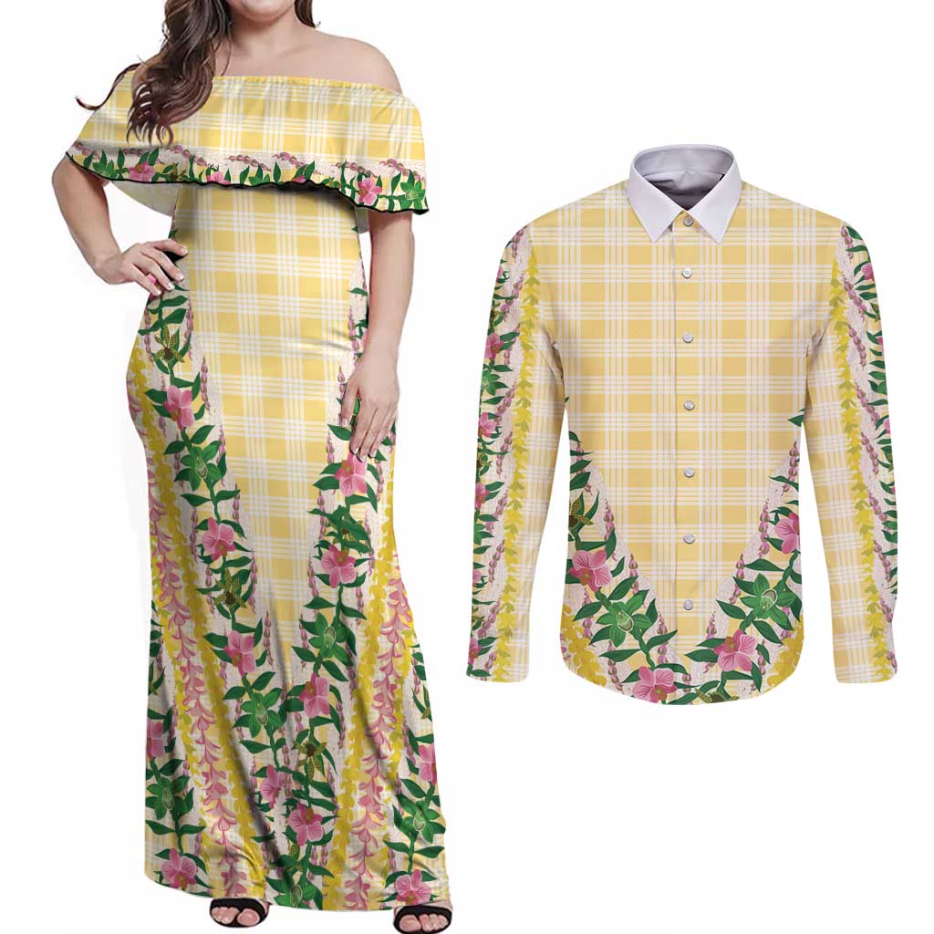 Hawaii Pikake Lokelani Plumeria Lei Couples Matching Off Shoulder Maxi Dress and Long Sleeve Button Shirt Yellow Palaka Motifs LT05 Yellow - Polynesian Pride