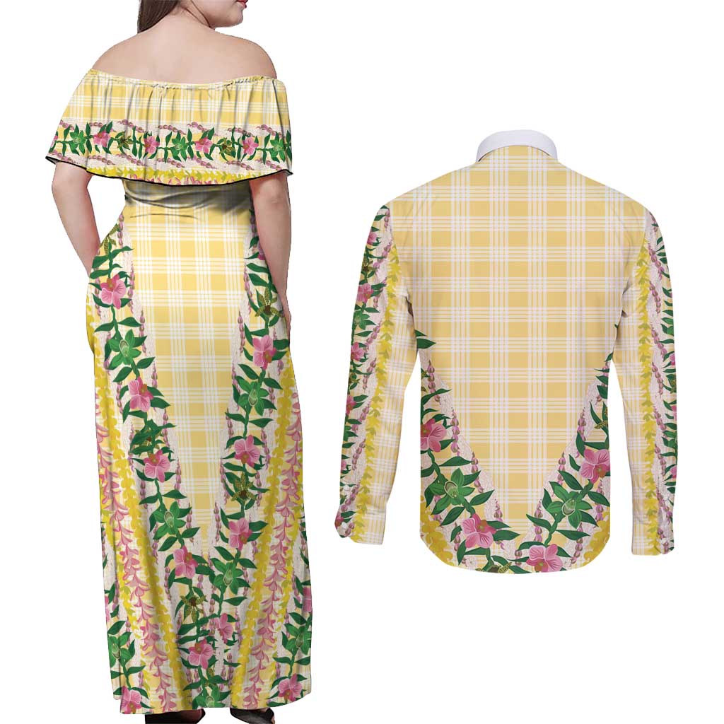 Hawaii Pikake Lokelani Plumeria Lei Couples Matching Off Shoulder Maxi Dress and Long Sleeve Button Shirt Yellow Palaka Motifs LT05 - Polynesian Pride
