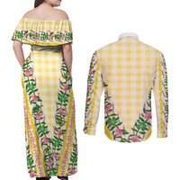 Hawaii Pikake Lokelani Plumeria Lei Couples Matching Off Shoulder Maxi Dress and Long Sleeve Button Shirt Yellow Palaka Motifs LT05 - Polynesian Pride