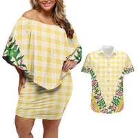 Hawaii Pikake Lokelani Plumeria Lei Couples Matching Off Shoulder Short Dress and Hawaiian Shirt Yellow Palaka Motifs LT05 Yellow - Polynesian Pride