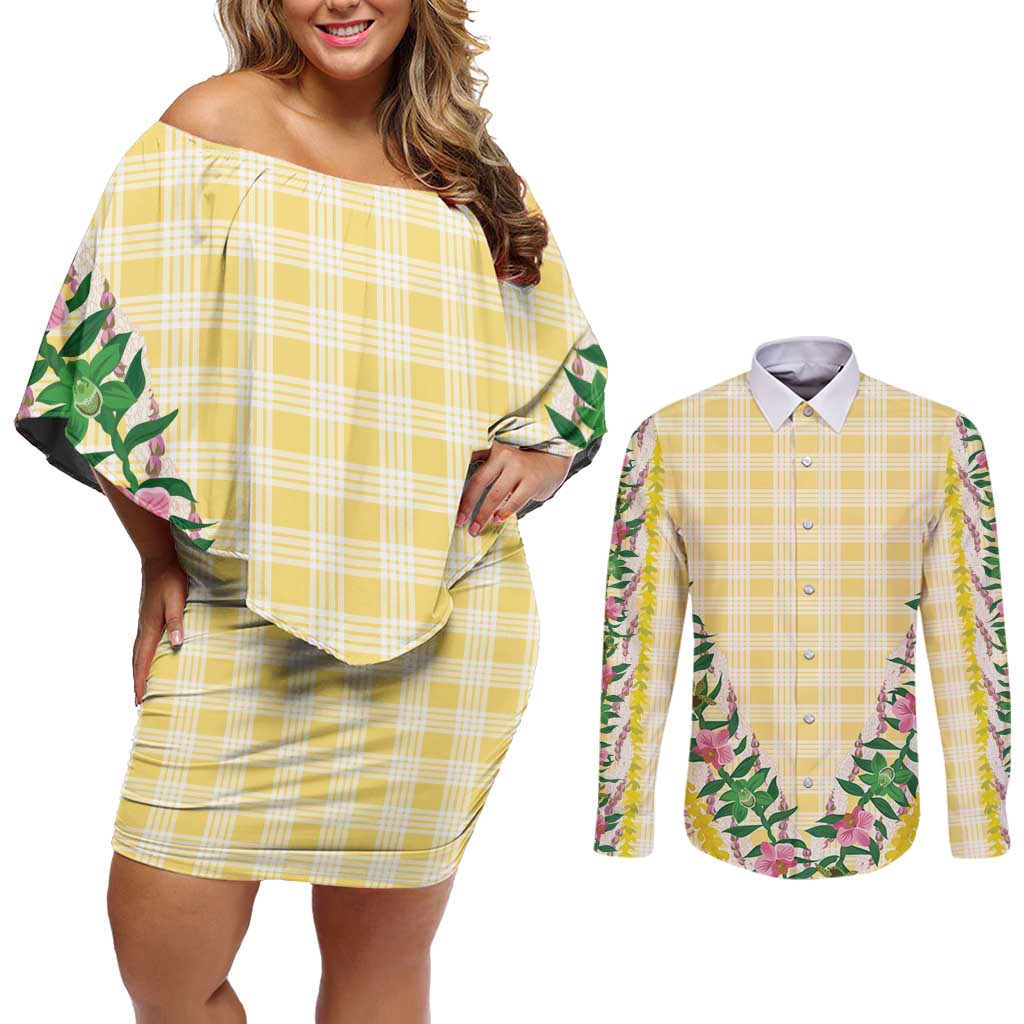 Hawaii Pikake Lokelani Plumeria Lei Couples Matching Off Shoulder Short Dress and Long Sleeve Button Shirt Yellow Palaka Motifs LT05 Yellow - Polynesian Pride