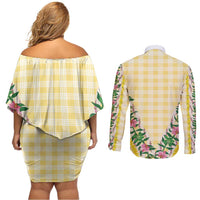 Hawaii Pikake Lokelani Plumeria Lei Couples Matching Off Shoulder Short Dress and Long Sleeve Button Shirt Yellow Palaka Motifs LT05 - Polynesian Pride