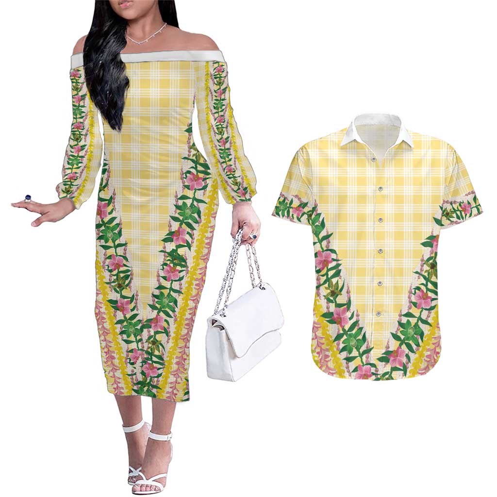 Hawaii Pikake Lokelani Plumeria Lei Couples Matching Off The Shoulder Long Sleeve Dress and Hawaiian Shirt Yellow Palaka Motifs LT05 Yellow - Polynesian Pride