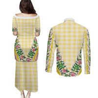Hawaii Pikake Lokelani Plumeria Lei Couples Matching Puletasi and Long Sleeve Button Shirt Yellow Palaka Motifs