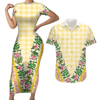 Hawaii Pikake Lokelani Plumeria Lei Couples Matching Short Sleeve Bodycon Dress and Hawaiian Shirt Yellow Palaka Motifs LT05 Yellow - Polynesian Pride