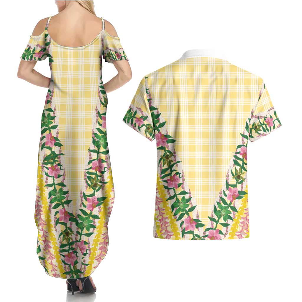 Hawaii Pikake Lokelani Plumeria Lei Couples Matching Summer Maxi Dress and Hawaiian Shirt Yellow Palaka Motifs LT05 - Polynesian Pride