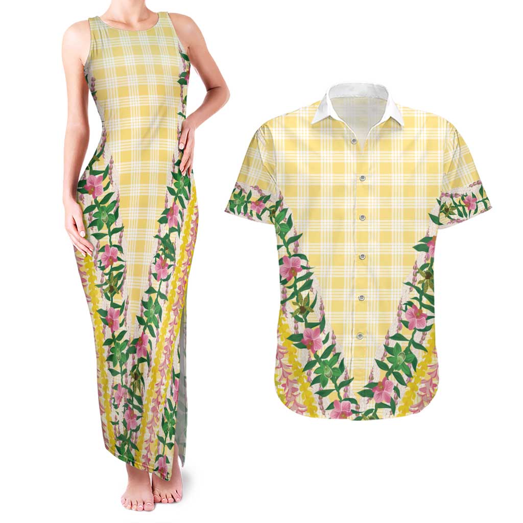 Hawaii Pikake Lokelani Plumeria Lei Couples Matching Tank Maxi Dress and Hawaiian Shirt Yellow Palaka Motifs