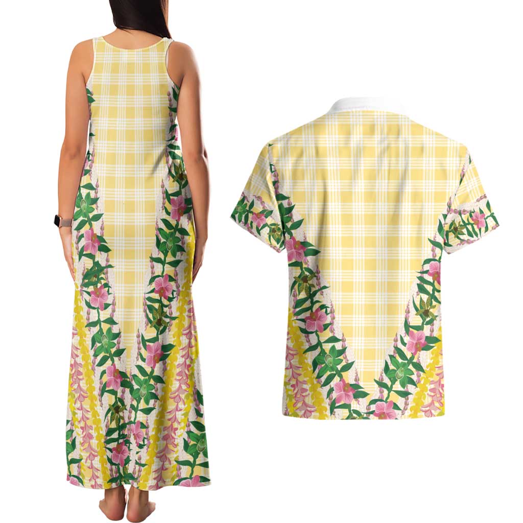 Hawaii Pikake Lokelani Plumeria Lei Couples Matching Tank Maxi Dress and Hawaiian Shirt Yellow Palaka Motifs LT05 - Polynesian Pride