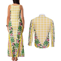 Hawaii Pikake Lokelani Plumeria Lei Couples Matching Tank Maxi Dress and Long Sleeve Button Shirt Yellow Palaka Motifs LT05 - Polynesian Pride