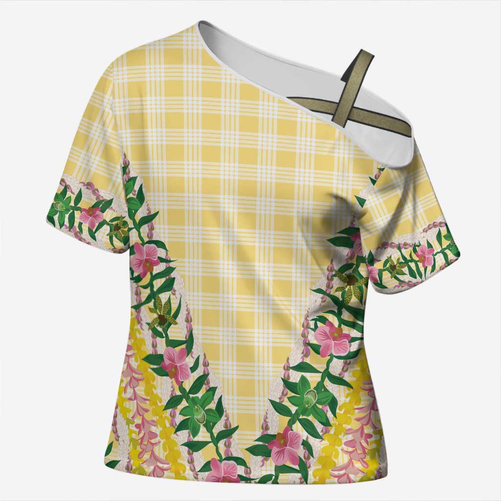 Hawaii Pikake Lokelani Plumeria Lei Cross Shoulder Shirt Yellow Palaka Motifs