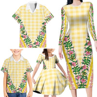 Hawaii Pikake Lokelani Plumeria Lei Family Matching Long Sleeve Bodycon Dress and Hawaiian Shirt Yellow Palaka Motifs LT05 - Polynesian Pride