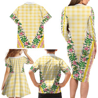 Hawaii Pikake Lokelani Plumeria Lei Family Matching Long Sleeve Bodycon Dress and Hawaiian Shirt Yellow Palaka Motifs LT05 - Polynesian Pride