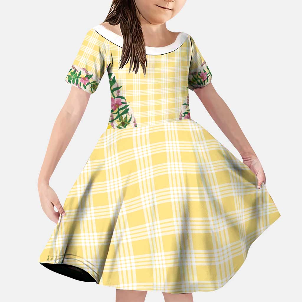 Hawaii Pikake Lokelani Plumeria Lei Family Matching Mermaid Dress and Hawaiian Shirt Yellow Palaka Motifs LT05 Daughter's Dress Yellow - Polynesian Pride