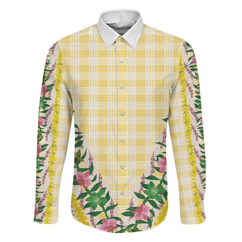 Hawaii Pikake Lokelani Plumeria Lei Family Matching Mermaid Dress and Hawaiian Shirt Yellow Palaka Motifs LT05 Dad's Shirt - Long Sleeve Yellow - Polynesian Pride