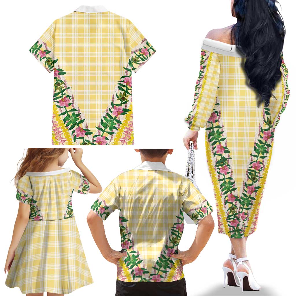 Hawaii Pikake Lokelani Plumeria Lei Family Matching Off The Shoulder Long Sleeve Dress and Hawaiian Shirt Yellow Palaka Motifs LT05 - Polynesian Pride