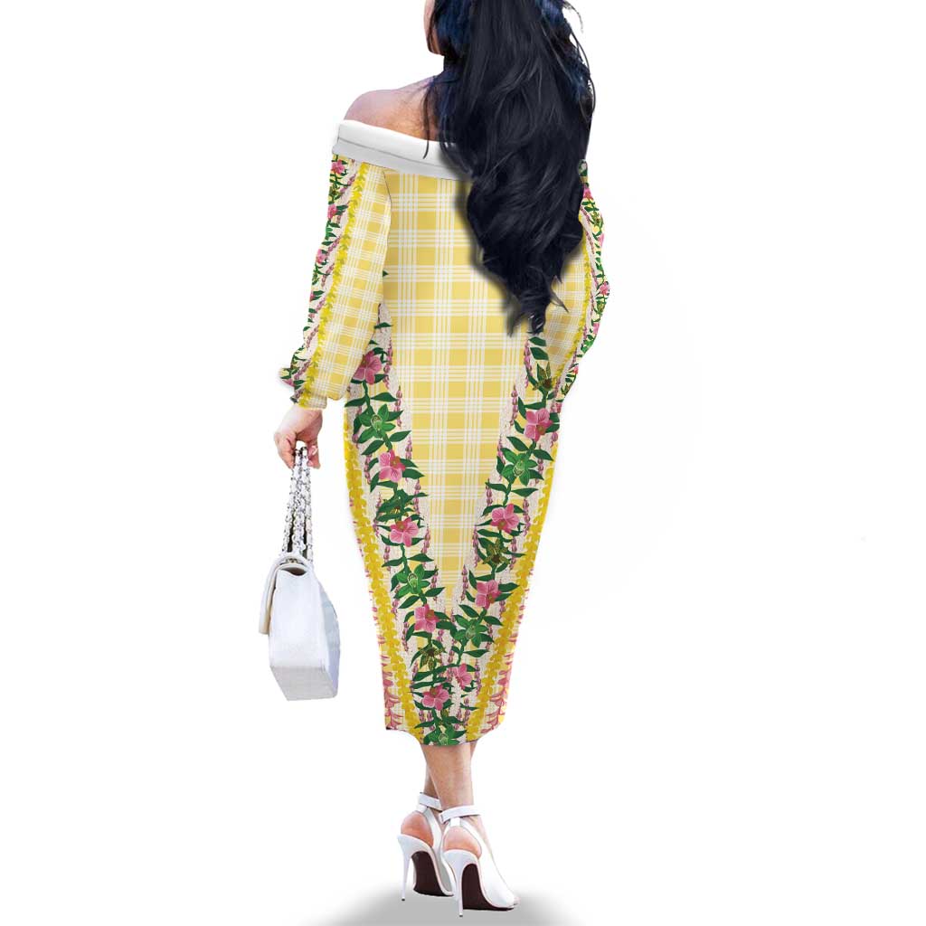Hawaii Pikake Lokelani Plumeria Lei Family Matching Off The Shoulder Long Sleeve Dress and Hawaiian Shirt Yellow Palaka Motifs LT05 - Polynesian Pride