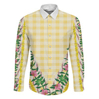 Hawaii Pikake Lokelani Plumeria Lei Family Matching Puletasi and Hawaiian Shirt Yellow Palaka Motifs LT05 Dad's Shirt - Long Sleeve Yellow - Polynesian Pride