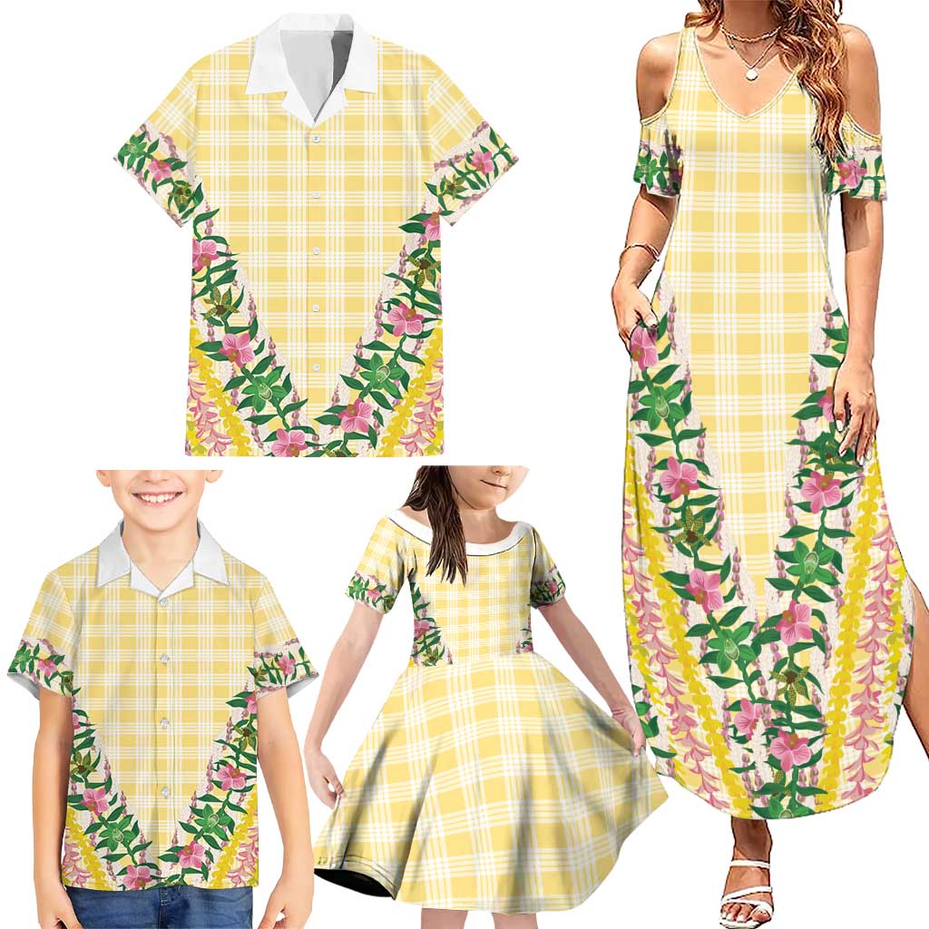 Hawaii Pikake Lokelani Plumeria Lei Family Matching Summer Maxi Dress and Hawaiian Shirt Yellow Palaka Motifs LT05 - Polynesian Pride