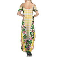 Hawaii Pikake Lokelani Plumeria Lei Family Matching Summer Maxi Dress and Hawaiian Shirt Yellow Palaka Motifs LT05 - Polynesian Pride