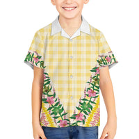 Hawaii Pikake Lokelani Plumeria Lei Family Matching Tank Maxi Dress and Hawaiian Shirt Yellow Palaka Motifs LT05 Son's Shirt Yellow - Polynesian Pride