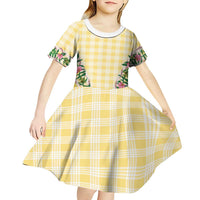 Hawaii Pikake Lokelani Plumeria Lei Kid Short Sleeve Dress Yellow Palaka Motifs