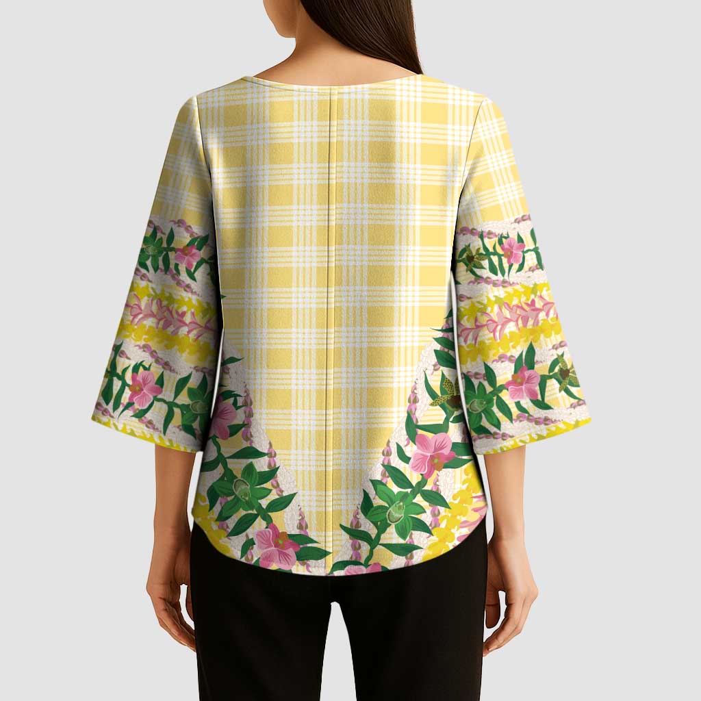 Hawaii Pikake Lokelani Plumeria Lei Kimono Sleeve Blouse Yellow Palaka Motifs