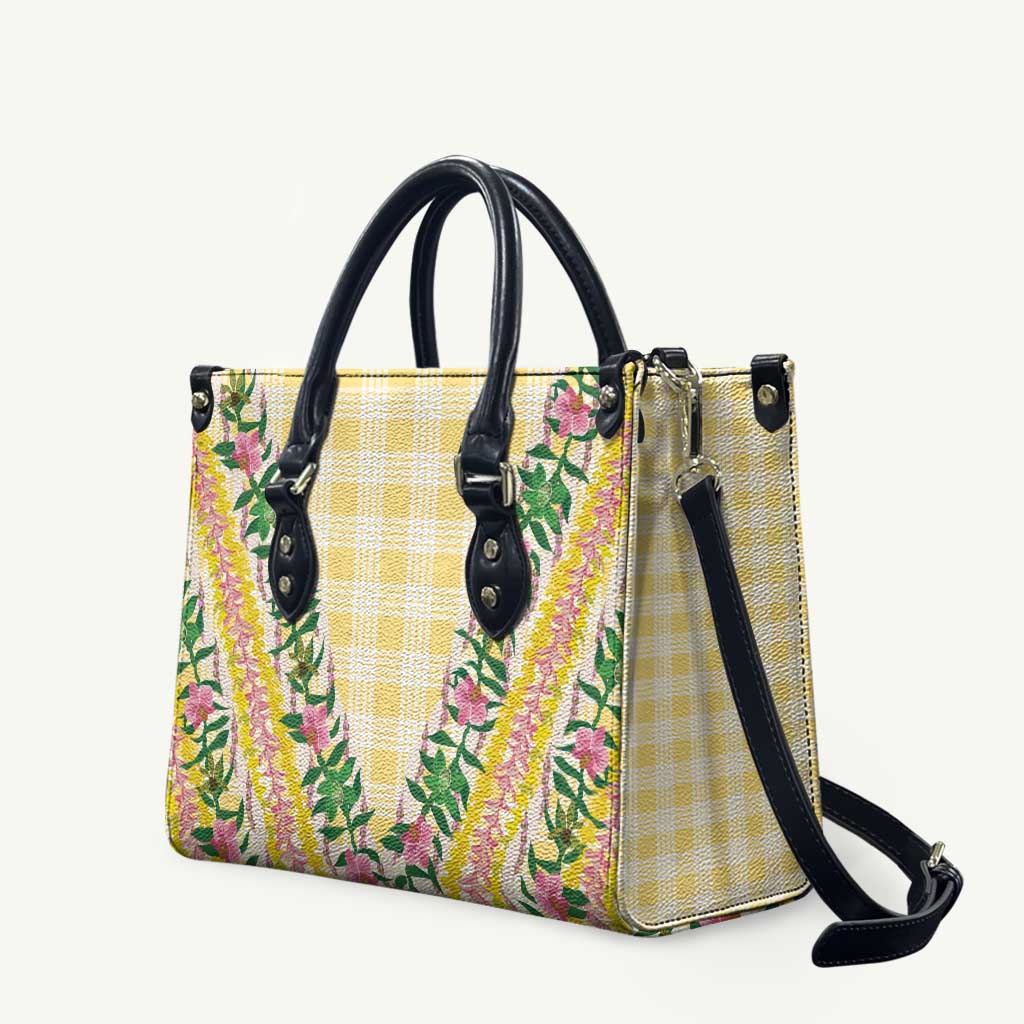 Hawaii Pikake Lokelani Plumeria Lei Leather Bag Yellow Palaka Motifs