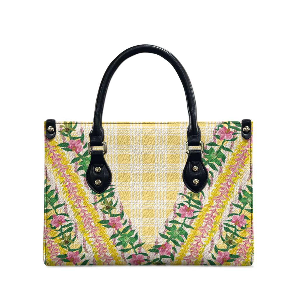 Hawaii Pikake Lokelani Plumeria Lei Leather Bag Yellow Palaka Motifs
