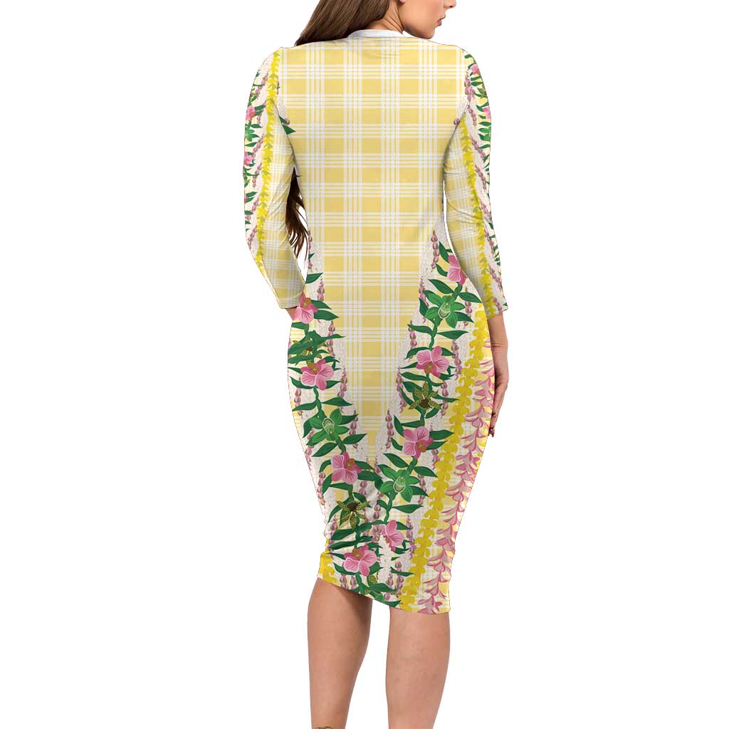 Hawaii Pikake Lokelani Plumeria Lei Long Sleeve Bodycon Dress Yellow Palaka Motifs