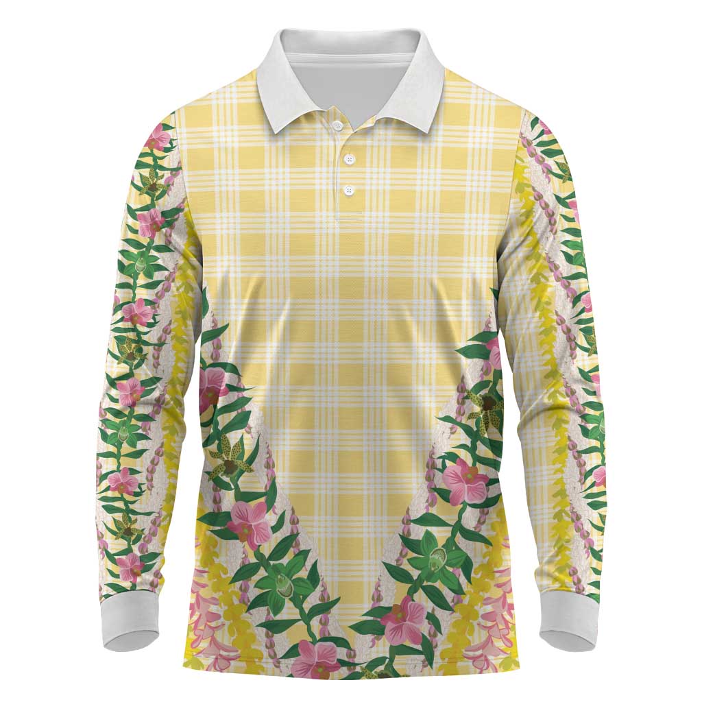 Hawaii Pikake Lokelani Plumeria Lei Long Sleeve Polo Shirt Yellow Palaka Motifs