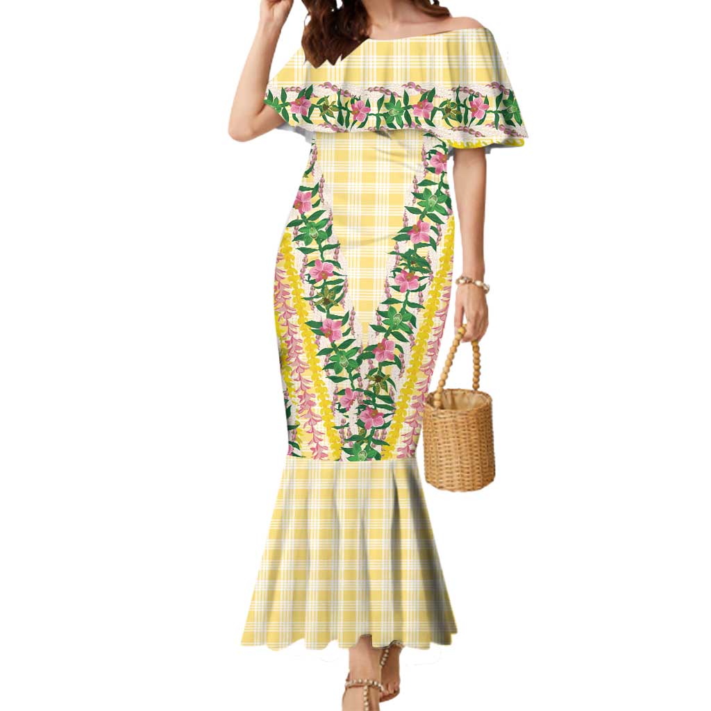 Hawaii Pikake Lokelani Plumeria Lei Mermaid Dress Yellow Palaka Motifs