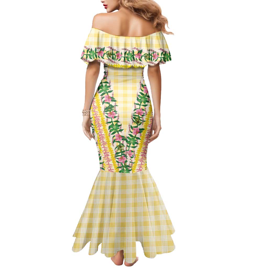 Hawaii Pikake Lokelani Plumeria Lei Mermaid Dress Yellow Palaka Motifs