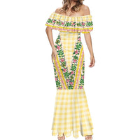 Hawaii Pikake Lokelani Plumeria Lei Mermaid Dress Yellow Palaka Motifs