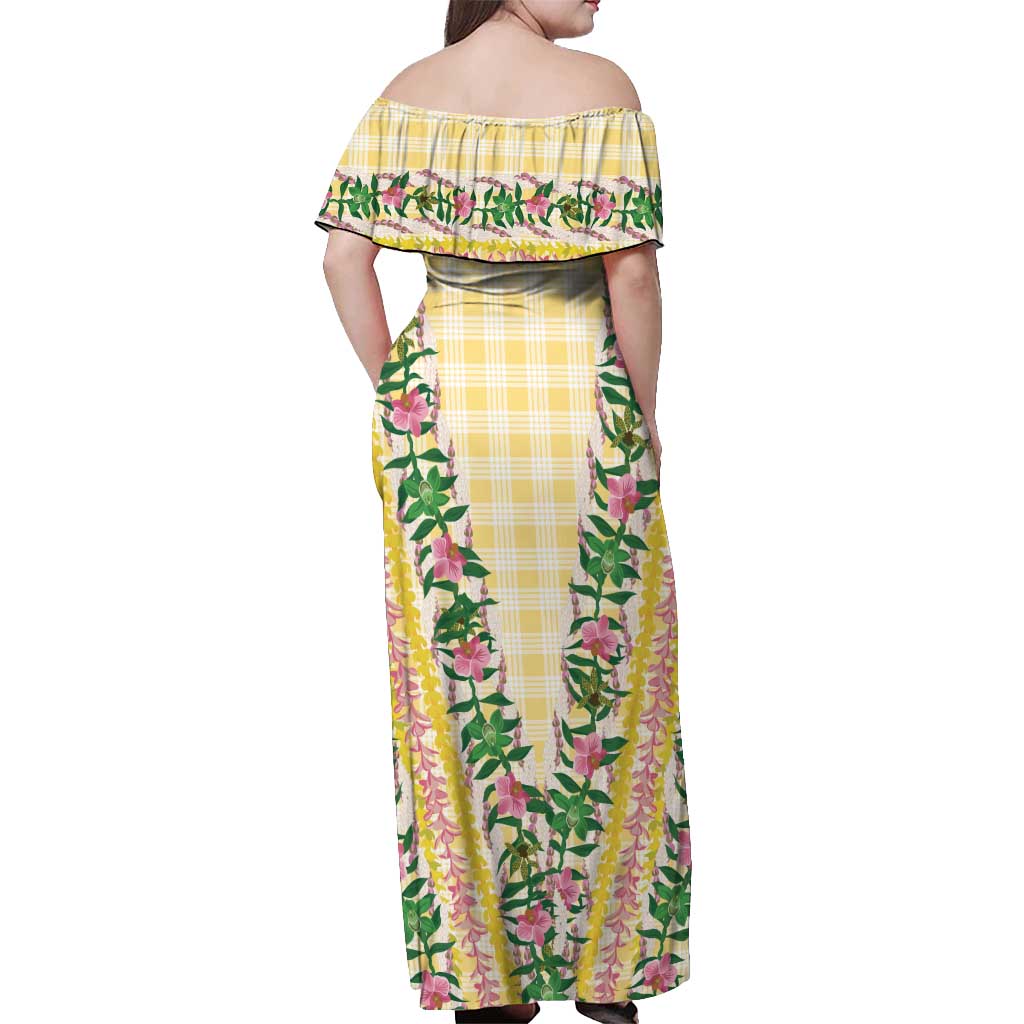 Hawaii Pikake Lokelani Plumeria Lei Off Shoulder Maxi Dress Yellow Palaka Motifs