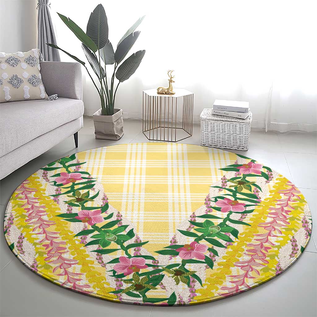 Hawaii Pikake Lokelani Plumeria Lei Round Carpet Yellow Palaka Motifs