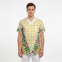 Hawaii Pikake Lokelani Plumeria Lei Scrub Top Yellow Palaka Motifs
