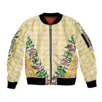 Hawaii Pikake Lokelani Plumeria Lei Sleeve Zip Bomber Jacket Yellow Palaka Motifs