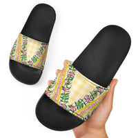 Hawaii Pikake Lokelani Plumeria Lei Slide Sandals Yellow Palaka Motifs