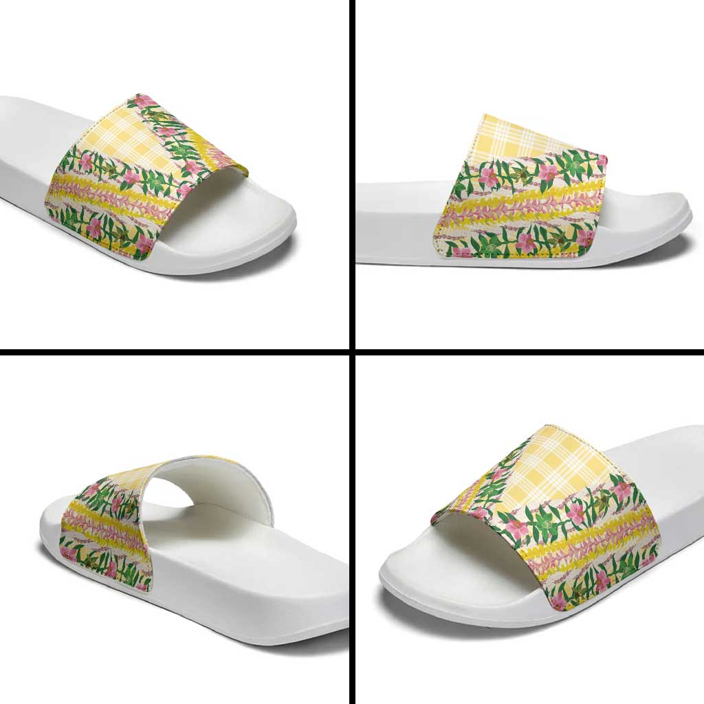 Hawaii Pikake Lokelani Plumeria Lei Slide Sandals Yellow Palaka Motifs