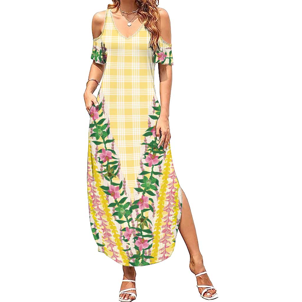 Hawaii Pikake Lokelani Plumeria Lei Summer Maxi Dress Yellow Palaka Motifs