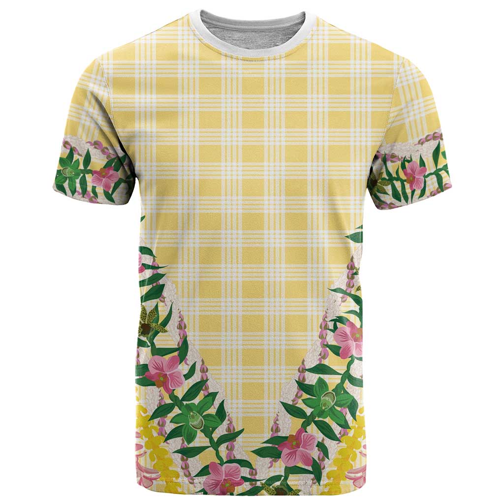 Hawaii Pikake Lokelani Plumeria Lei T Shirt Yellow Palaka Motifs