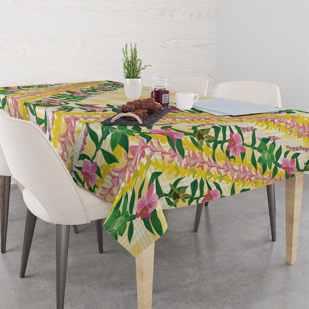 Hawaii Pikake Lokelani Plumeria Lei Tablecloth Yellow Palaka Motifs
