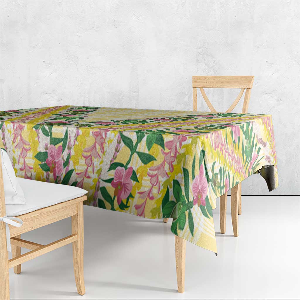 Hawaii Pikake Lokelani Plumeria Lei Tablecloth Yellow Palaka Motifs