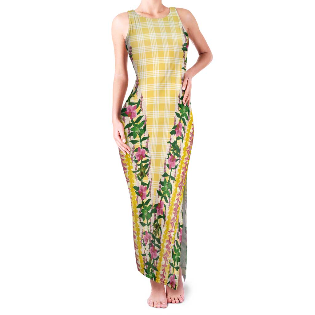 Hawaii Pikake Lokelani Plumeria Lei Tank Maxi Dress Yellow Palaka Motifs