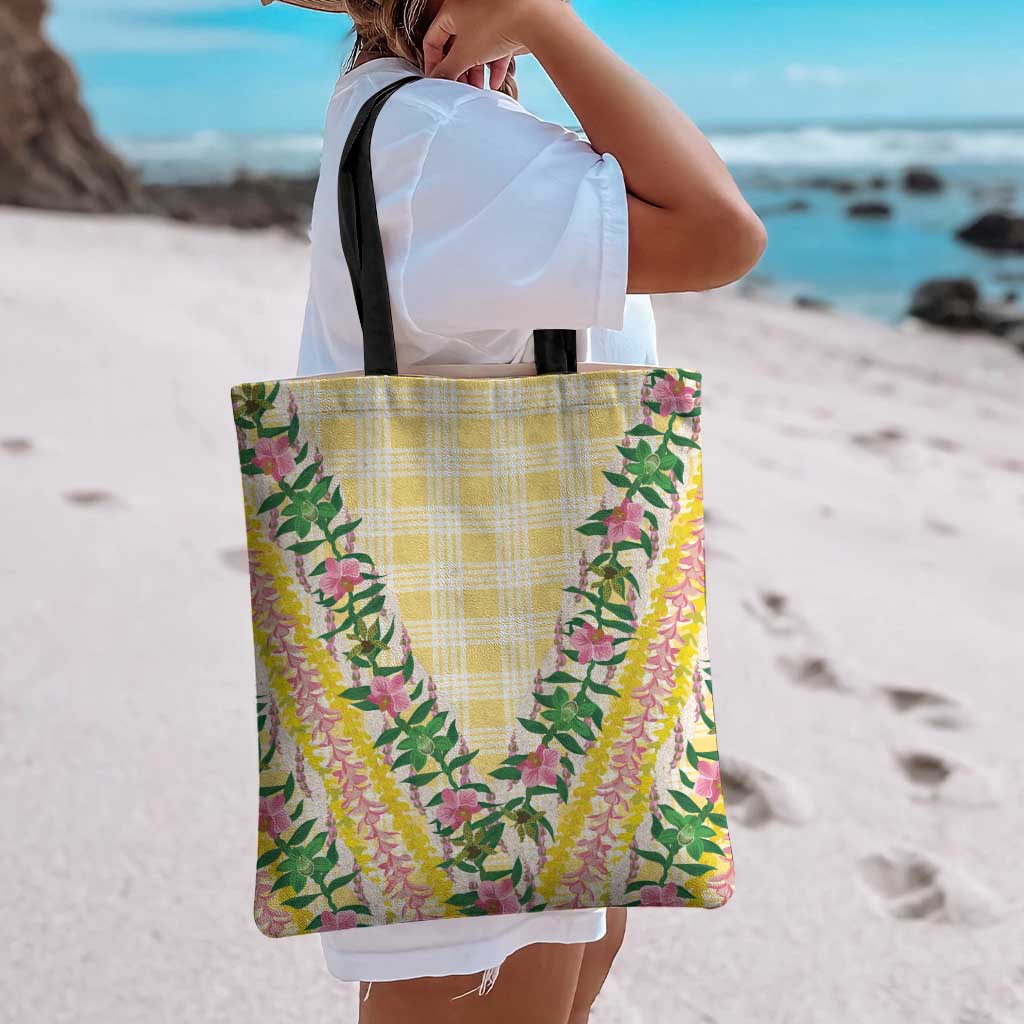 Hawaii Pikake Lokelani Plumeria Lei Tote Bag Yellow Palaka Motifs
