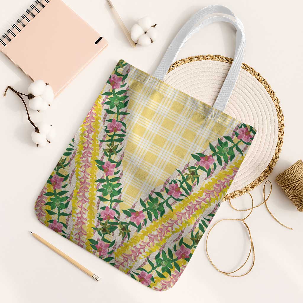 Hawaii Pikake Lokelani Plumeria Lei Tote Bag Yellow Palaka Motifs