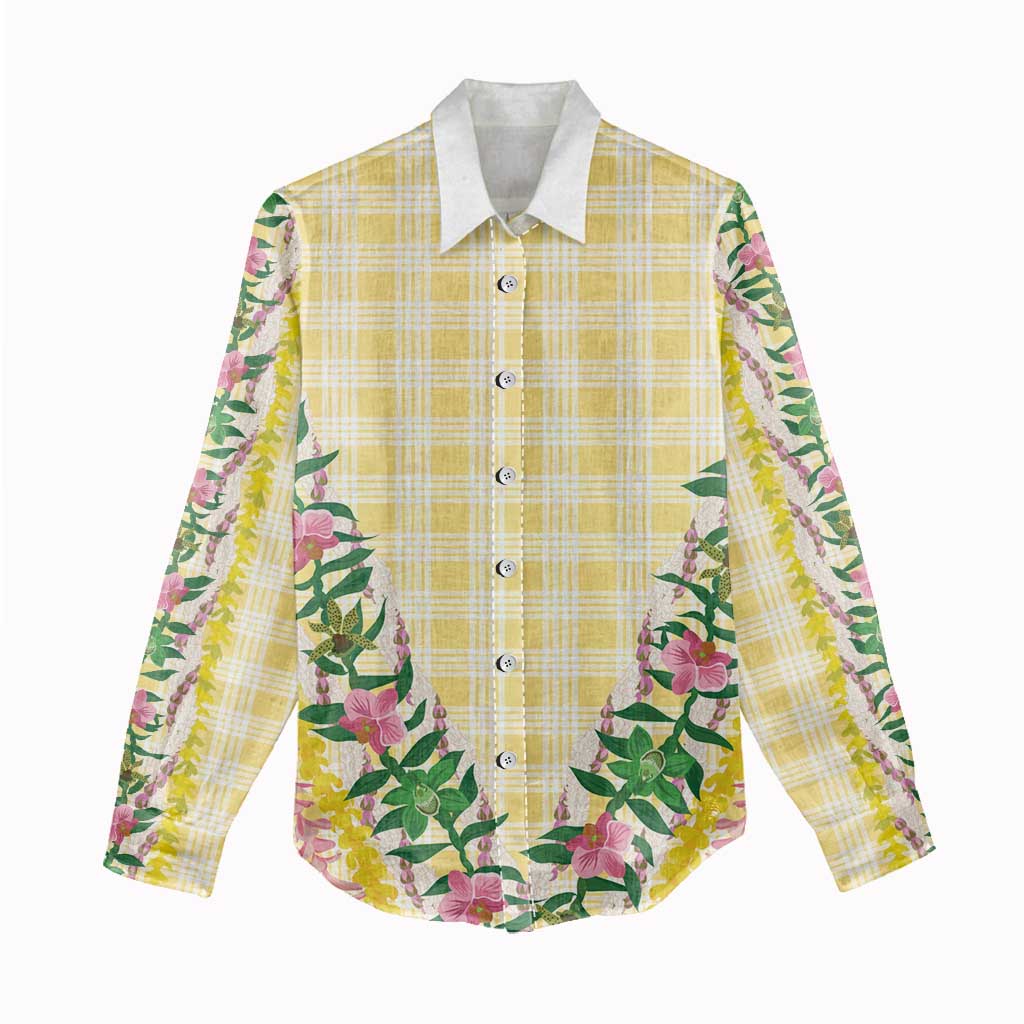 Hawaii Pikake Lokelani Plumeria Lei Women Casual Shirt Yellow Palaka Motifs LT05 - Polynesian Pride