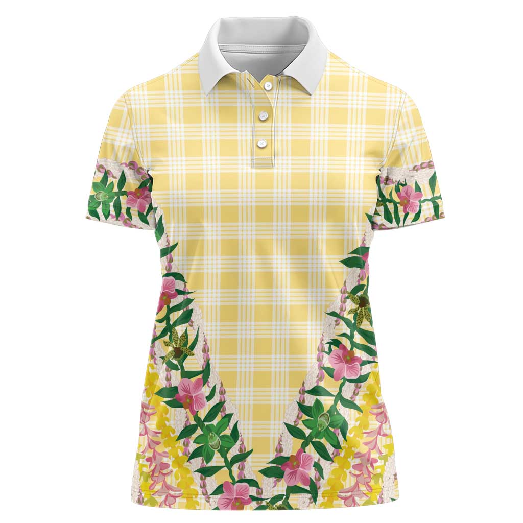 Hawaii Pikake Lokelani Plumeria Lei Women Polo Shirt Yellow Palaka Motifs